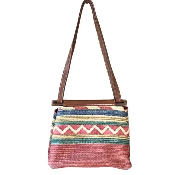 Vintage Boho Southwestern Textile Purse with Leather Trim Convertible Strap